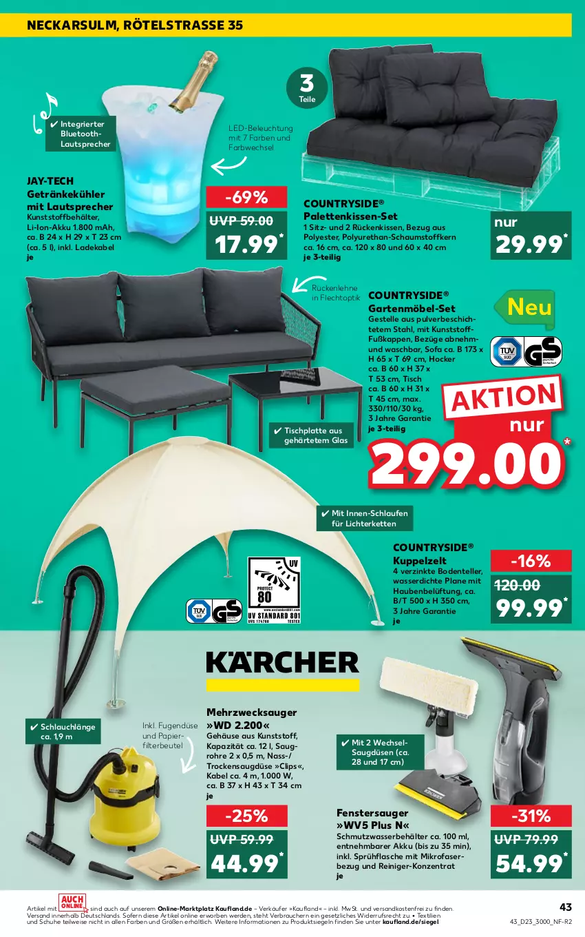 Aktueller Prospekt Kaufland - von 09.06 bis 15.06.2022 - strona 43 - produkty: akku, Behälter, beleuchtung, beutel, deka, eis, elle, ente, erde, fenster, fenstersauger, flasche, Garten, gartenmöbel, getränk, getränke, hocker, HP, Kette, kissen, Kuppelzelt, ladekabel, latte, Laufen, lautsprecher, led-beleuchtung, li-ion-akku, lichterkette, mikrofaser, möbel, ndk, Palette, Palettenkissen, papier, Rauch, reiniger, Rückenkissen, rückenlehne, schlauch, schuhe, Sofa, sprühflasche, teller, Ti, tisch, tischplatte, versandkostenfrei, wasser, weck, Zelt