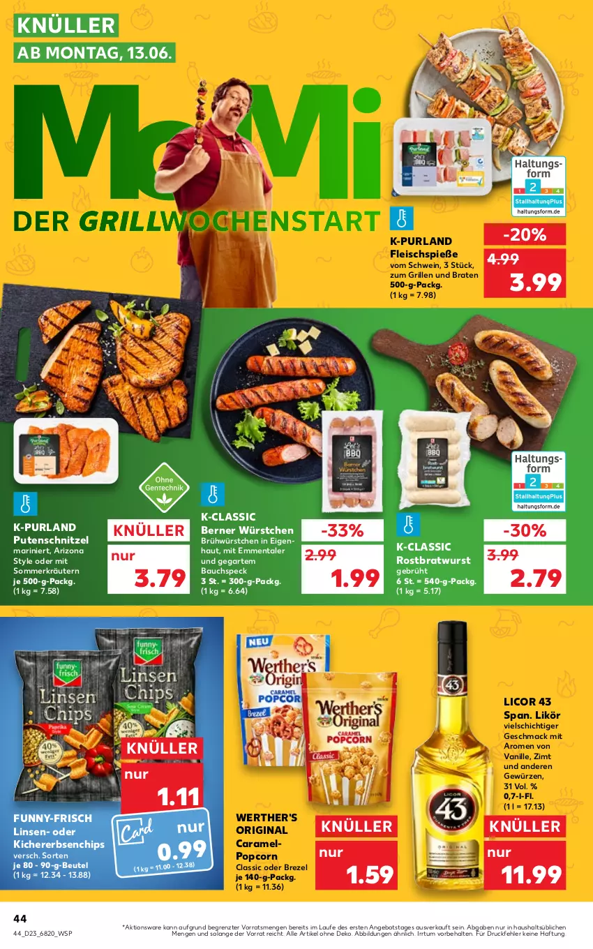 Aktueller Prospekt Kaufland - von 09.06 bis 15.06.2022 - strona 44 - produkty: angebot, Bau, beutel, braten, bratwurst, brezel, caramel, chips, eis, emmentaler, erbsen, fleisch, Fleischspieße, funny-frisch, gewürz, gin, grill, kichererbsen, kräuter, kräutern, licor, licor 43, likör, linsen, mac, popcorn, purland, pute, putenschnitzel, rostbratwurst, schnitzel, schwein, Speck, Ti, vanille, wein, werther's, wurst, würstchen, ZTE