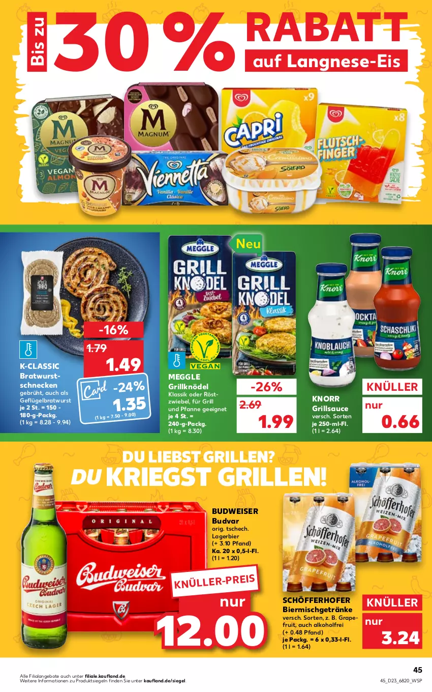 Aktueller Prospekt Kaufland - von 09.06 bis 15.06.2022 - strona 45 - produkty: alkohol, angebot, angebote, bier, bratwurst, budweiser, eis, für grill und pfanne, Geflügel, getränk, getränke, grapefruit, grill, grill und pfanne, grillsauce, Knödel, knorr, Lagerbier, langnese, meggle, pfanne, sauce, schöfferhofer, Ti, und pfanne, wurst, zwiebel