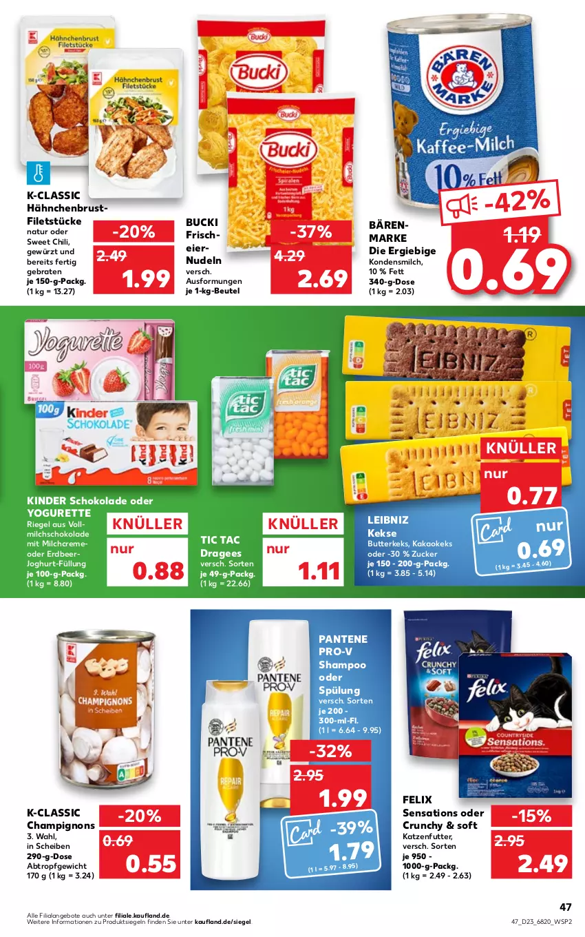 Aktueller Prospekt Kaufland - von 09.06 bis 15.06.2022 - strona 47 - produkty: angebot, angebote, bärenmarke, beutel, braten, brustfilet, butter, butterkeks, champignon, champignons, chili, creme, eier, eiernudeln, felix, filet, filets, gewürz, hähnchenbrust, hähnchenbrustfilet, joghur, joghurt, kakao, katzenfutter, keks, kekse, Kinder, kinder schokolade, kondensmilch, leibniz, milch, natur, nudel, nudeln, oder yogurette, pantene, pantene pro-v, pro-v, riegel, schoko, schokolade, sensations, shampoo, shampoo oder spülung, spülung, Ti, vollmilch, Yo, yogurette, zucker