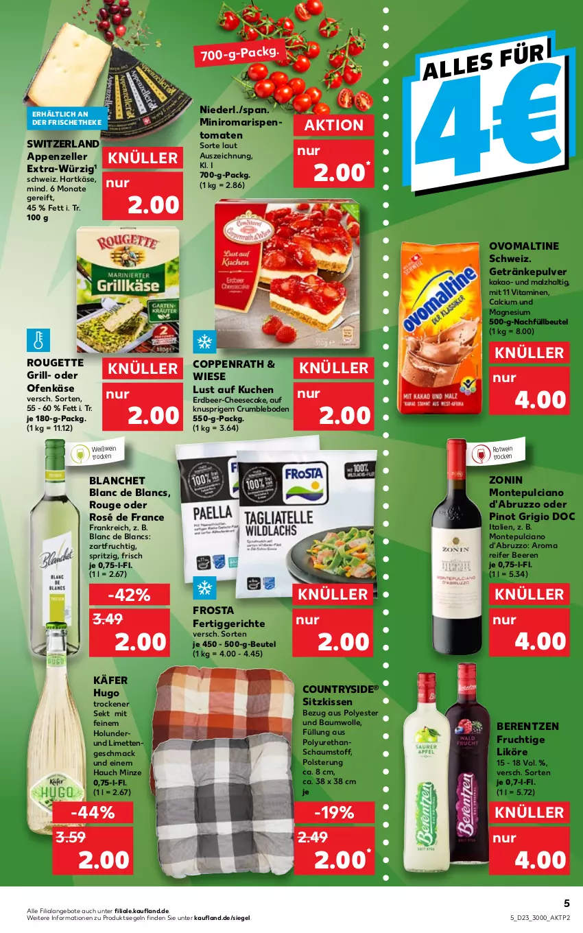 Aktueller Prospekt Kaufland - von 09.06 bis 15.06.2022 - strona 5 - produkty: angebot, angebote, appenzeller, Bau, baumwolle, beere, beeren, berentzen, beutel, Calcium, cheesecake, coppenrath, de blancs, elle, fertiggericht, fertiggerichte, frosta, frucht, getränk, getränke, getränkepulver, grill, hartkäse, holunder, hugo, käfer, kakao, Käse, kissen, kuchen, likör, limette, limetten, Lust auf Kuchen, mac, magnesium, malz, Mett, metten, minze, monte, Montepulciano, Ofen, Ofenkäse, ovomaltine, Pinot, pinot grigio, rispentomaten, rotwein, rouge, rougette, rum, sekt, sitzkissen, Ti, tomate, tomaten, vita, Vitamine, wein, Weißwein, wolle, zonin