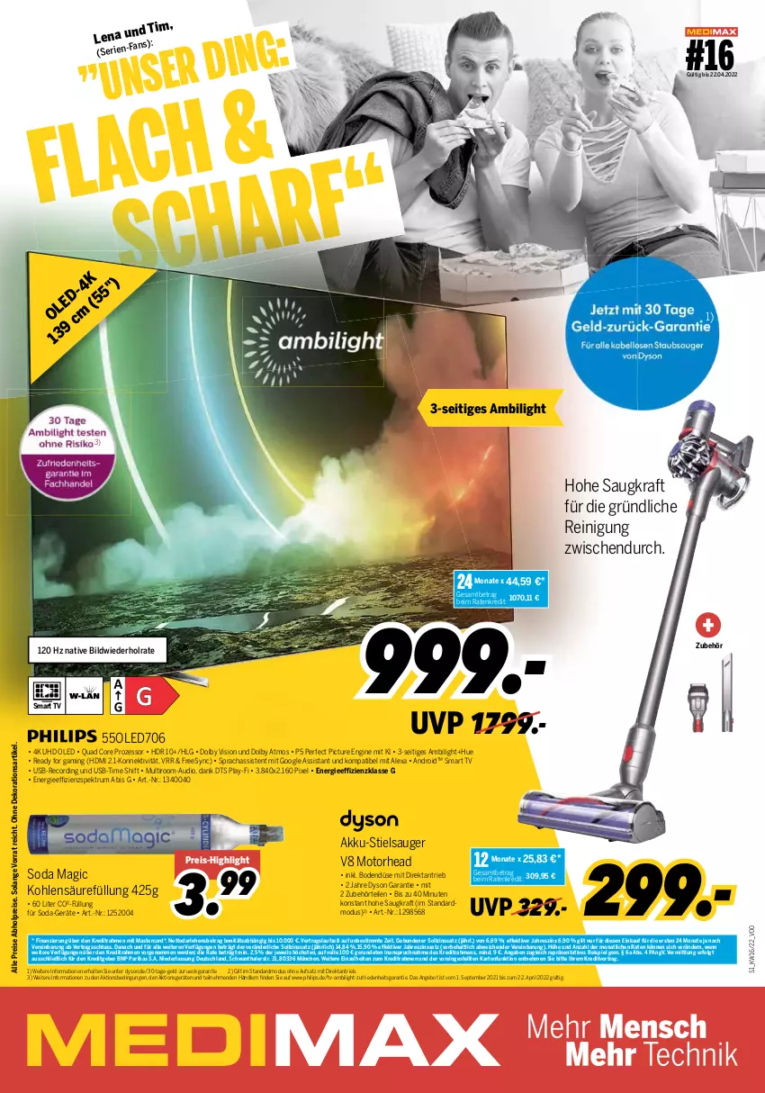 Aktueller Prospekt Medimax - MEDIMAX Prospekt KW16 2022 - von 15.04 bis 21.04.2022 - strona 1 - produkty: abholpreise, akku, alexa, angebot, dekoration, Dyson, eis, erde, gin, HDMI, kraft, LG, mastercard, Philips, pril, quad, Reinigung, reis, rum, smart tv, Soda, Spektrum, Stielsauger, Ti, uhd, usb