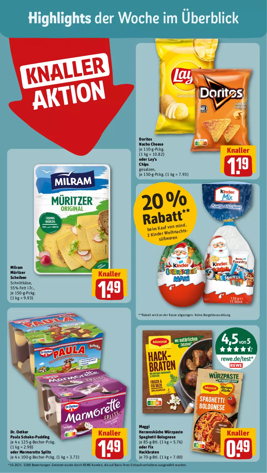 Aktueller Prospekt Rewe - Prospekte - von 30.10 bis 04.11.2023 - strona 2 - produkty: Becher, bolognese, braten, chips, Doritos, Dr. Oetker, Käse, Kinder, küche, maggi, marmorette, milram, nacho, nacho cheese, Paula, pudding, salz, schnittkäse, schoko, spaghetti, spaghetti bolognese, Ti