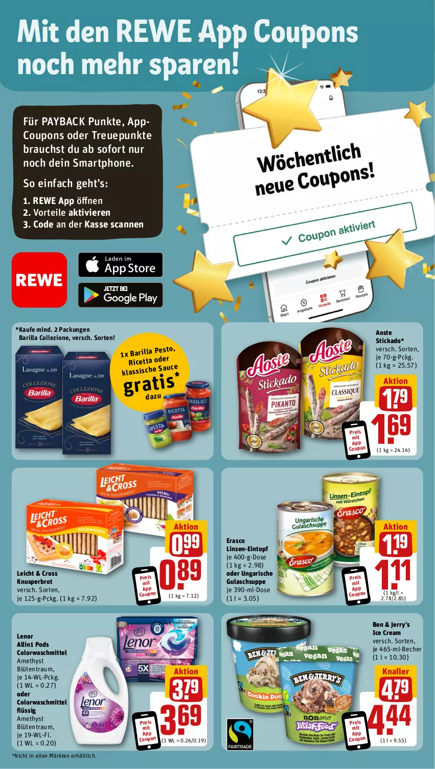 Aktueller Prospekt Rewe - Prospekte - von 30.10 bis 04.11.2023 - strona 3 - produkty: aoste stickado, barilla, Becher, Blüte, brot, colorwaschmittel, coupon, coupons, eintopf, eis, erasco, gulasch, Gulaschsuppe, lenor, linsen, linsen-eintopf, payback, pesto, Pods, Rauch, reis, sauce, smartphone, stickado, suppe, Ti, topf, waschmittel