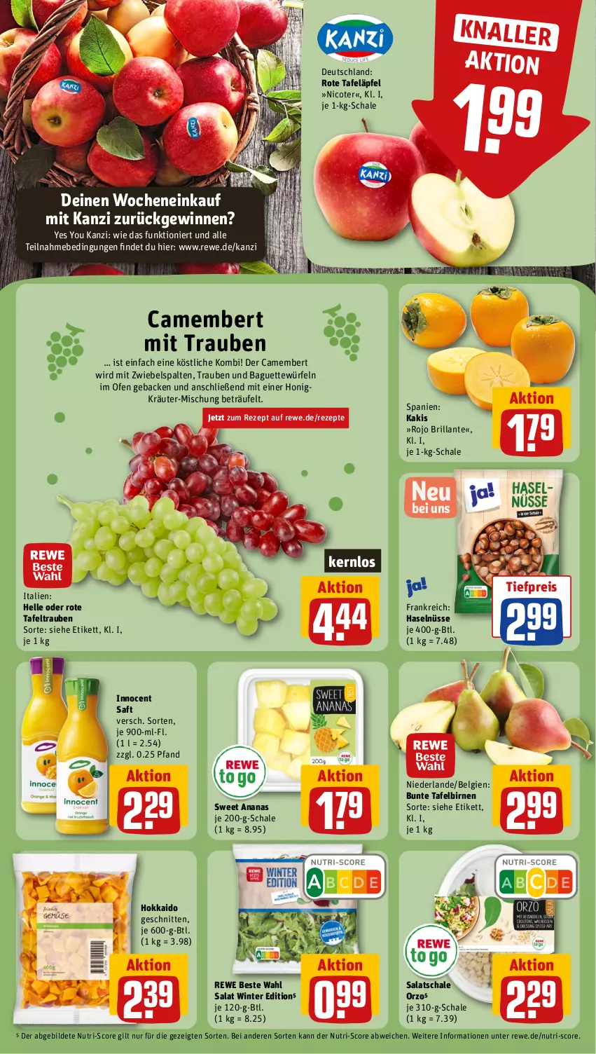 Aktueller Prospekt Rewe - Prospekte - von 30.10 bis 04.11.2023 - strona 4 - produkty: ananas, baguette, Birnen, camembert, eis, elle, geback, honig, Innocent, Kaki, kräuter, LG, Ofen, reis, rewe beste wahl, rezept, rezepte, rote tafeläpfel, saft, salat, Schal, Schale, schnitten, sweet ananas, tafeläpfel, tafelbirnen, tafeltrauben, Ti, tiefpreis, trauben, würfel, Yo, zwiebel