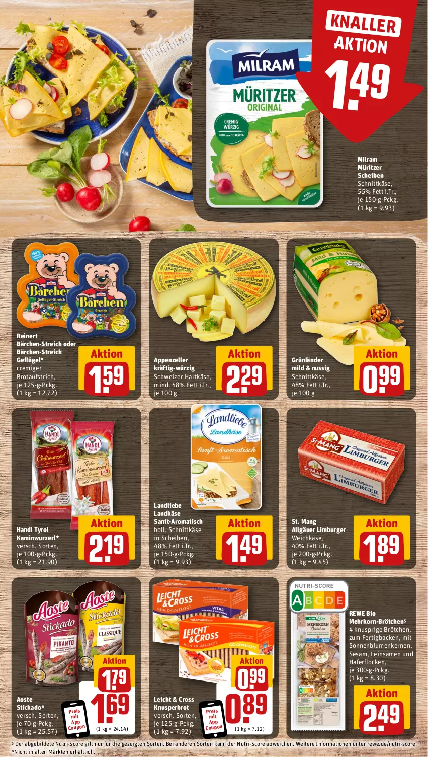 Aktueller Prospekt Rewe - Prospekte - von 30.10 bis 04.11.2023 - strona 7 - produkty: aoste stickado, appenzeller, aufstrich, bio, blume, blumen, brot, brotaufstrich, brötchen, burger, coupon, eis, elle, Geflügel, grünländer, hafer, haferflocken, hartkäse, Kamin, Kaminwurz, Käse, korn, landkäse, landliebe, LG, Limburger, milram, ndk, nuss, reinert, reis, rewe bio, schnittkäse, schweizer hartkäse, sesam, sonnenblume, sonnenblumen, Sonnenblumenkerne, sonnenblumenkernen, St. Mang, stickado, Ti, tisch, weichkäse