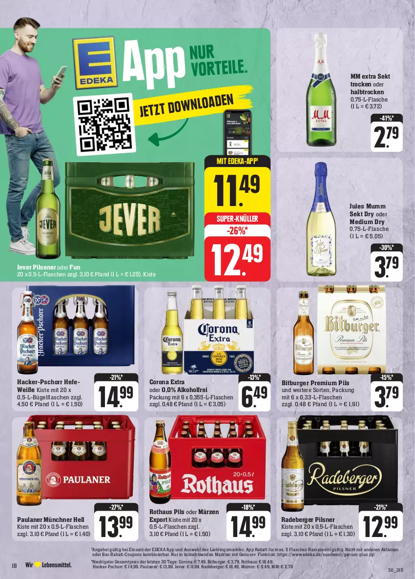 Aktueller Prospekt E Center - Angebote der Woche - von 02.10 bis 07.10.2023 - strona 18 - produkty: alkohol, angebot, Berger, bitburger, bügel, bügelflasche, burger, corona, corona extra, coupon, coupons, deka, eis, flasche, Hefe, jever, jever pilsener, jules mumm, mm extra, mumm, nuss, Paula, paulaner, pils, pilsener, pilsner, premium pils, rabatt-coupon, radeberger, radeberger pilsner, rama, ramazzott, ramazzotti, reis, sekt, super-knüller, Ti, zott, ZTE