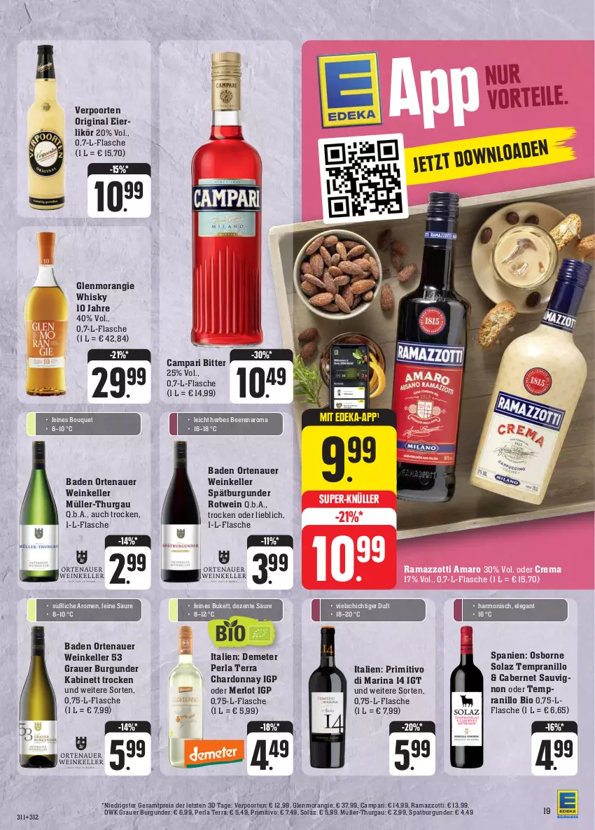 Aktueller Prospekt E Center - Angebote der Woche - von 02.10 bis 07.10.2023 - strona 19 - produkty: amaro, auer, Bad, beere, beeren, bio, burgunder, cabernet, cabernet sauvignon, campari, chardonnay, deka, eier, eierlikör, eis, elle, ente, flasche, gin, grauer burgunder, kabinett, likör, merl, merlot, Müller, Müller-Thurgau, olaz, ortenauer, osborne, perla, primitivo, rama, ramazzott, ramazzotti, reis, rotwein, sauvignon, spätburgunder, super-knüller, tempranillo, Ti, verpoorten, wein, whisky, zott, ZTE