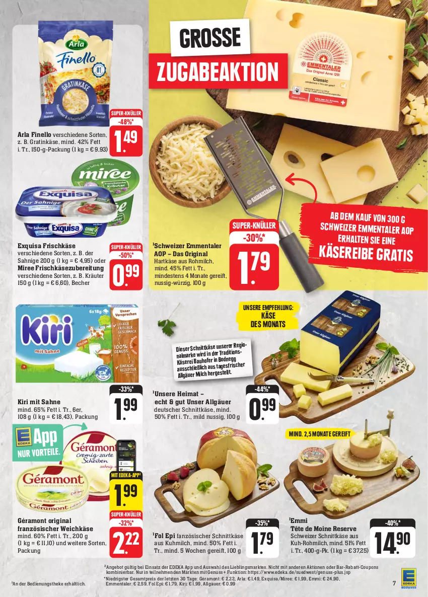 Aktueller Prospekt E Center - Angebote der Woche - von 02.10 bis 07.10.2023 - strona 7 - produkty: angebot, arla, Bau, Becher, coupon, coupons, deka, deutscher schnittkäse, eis, emmentaler, emmi, exquisa, exquisa frischkäse, finello, fol epi, französischer weichkäse, frischkäse, frischkäsezubereitung, géramont, gin, hartkäse, Käse, kiri, kräuter, LG, milch, miree, nuss, rabatt-coupon, reis, sahne, schnittkäse, schweizer schnittkäse, super-knüller, Tête de Moine, Ti, weichkäse, ZTE