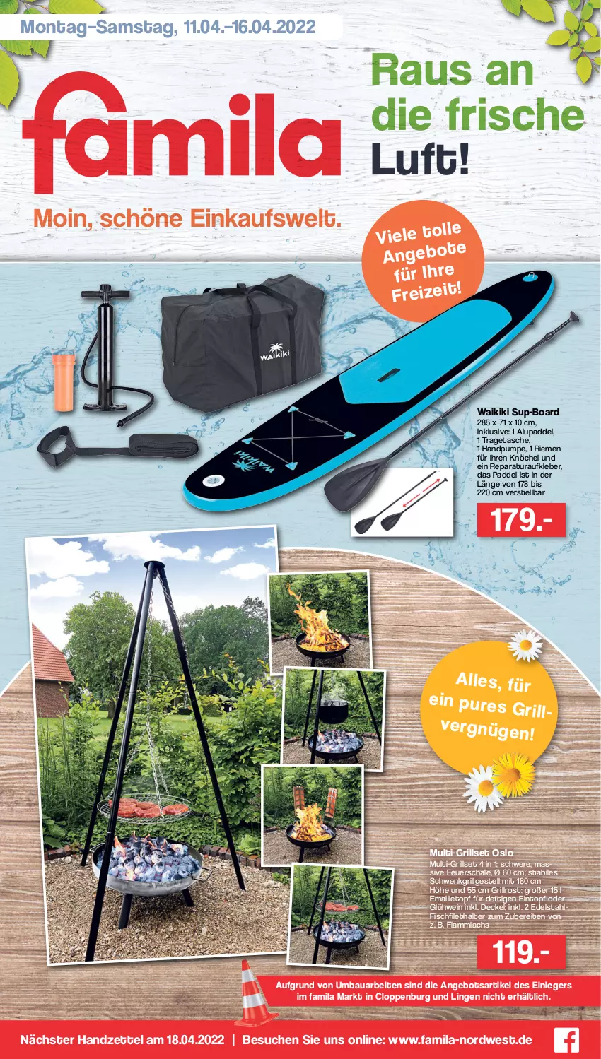 Aktueller Prospekt Famila - Prospekte - von 11.04 bis 16.04.2022 - strona 1 - produkty: angebot, Aufkleber, Bau, decke, Deckel, edelstahl, eintopf, feuerschale, filet, fisch, Glühwein, grill, grillrost, kleber, lachs, lamm, LG, maille, Schal, Schale, Tasche, Ti, topf, tragetasche, wein