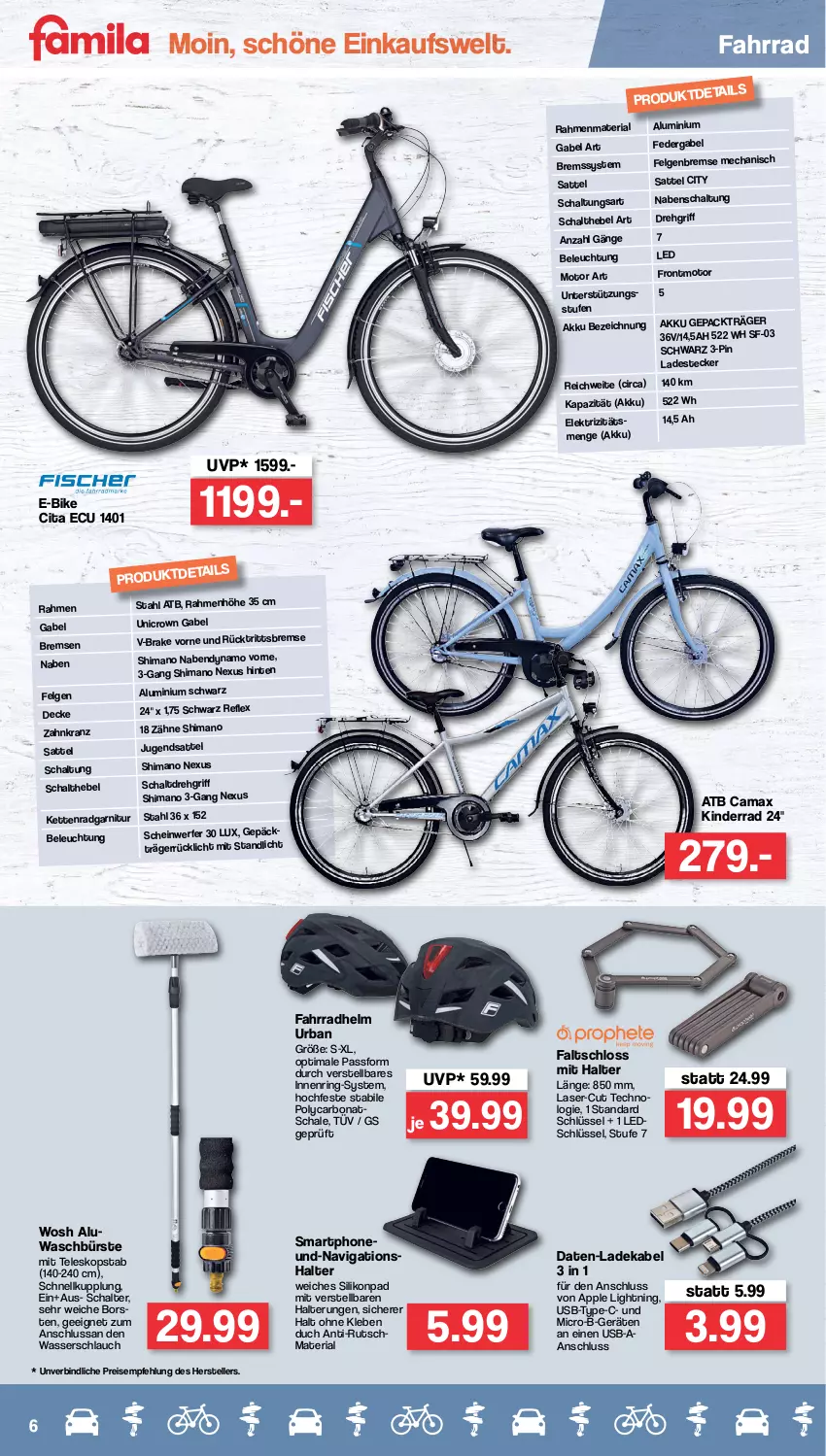 Aktueller Prospekt Famila - Prospekte - von 11.04 bis 16.04.2022 - strona 6 - produkty: akku, Apple, beleuchtung, Bona, bürste, decke, deka, E-Bike, eis, elle, Fahrrad, fahrradhelm, Faltschloss, felgen, gabel, garnitur, Kette, Kinder, Kranz, ladekabel, leds, LG, nabendynamo, nexus, reis, Ria, ring, rücklicht, sattel, Schal, Schale, schlauch, shimano, smartphone, Teleskop, teller, Ti, usb, wasser, Wasserschlauch