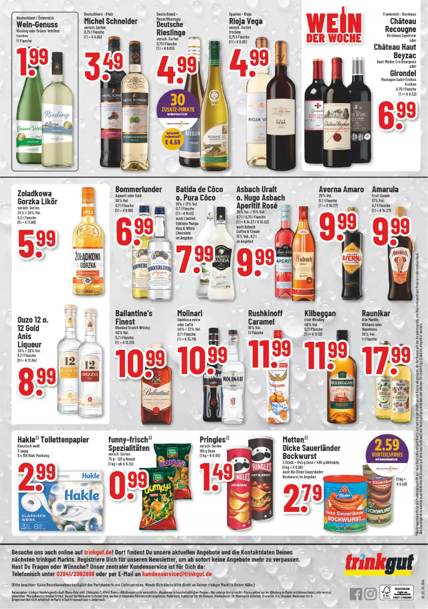 Aktueller Prospekt Trinkgut - von 06.03 bis 11.03.2023 - strona 4 - produkty: amaro, amarula, angebot, angebote, angebotspreis, aperitif, aqua, aquavit, asbach uralt, auer, averna, Bad, ball, batida, beutel, bio, bockwurst, Brei, cola, deka, deutschlandcard, Dicke Sauerländer Bockwurst, eis, elle, erde, flasche, funny-frisch, hakle, haselnuss, hugo, irish whiskey, kilbeggan, LG, lieferservice, likör, lion, liqueur, mango, merl, Mett, metten, Molinari, nuss, ouzo, ouzo 12, papier, pringles, reis, riesling, ring, rioja, scotch, scotch whisky, Spezi, telefon, Ti, toilettenpapier, uhr, vorteilspreis, wein, whiskey, whisky, white chocolate, wurst