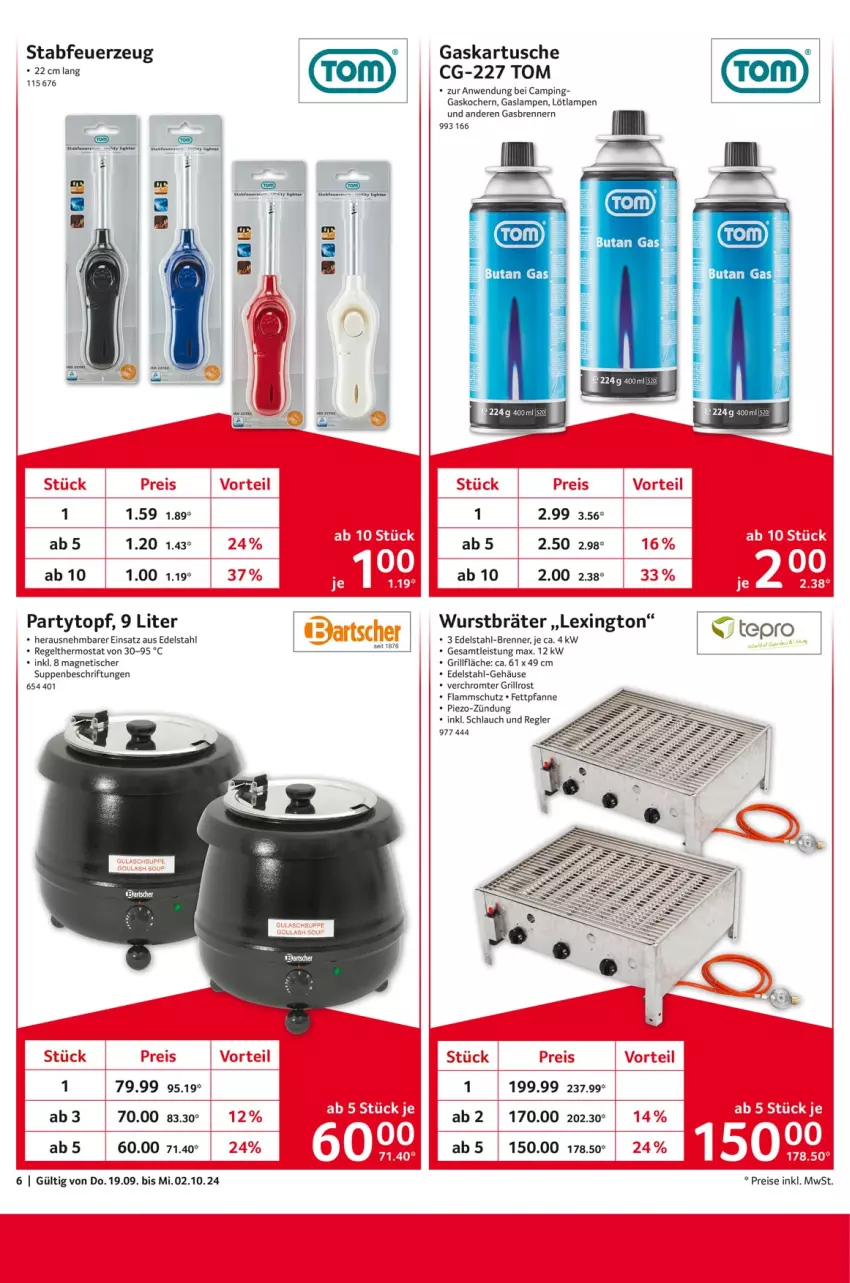 Aktueller Prospekt Selgros - Staffelpreise - von 19.09 bis 02.10.2024 - strona 6 - produkty: edelstahl, eis, Feuerzeug, grill, grillfläche, grillrost, Kocher, lamm, Lampe, pfanne, piezo-zündung, reis, schlauch, suppe, suppen, tepro, thermostat, Ti, tisch, topf, wurst