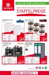 Gazetka promocyjna Selgros - Staffelpreise - Gazetka - ważna od 02.10 do 02.10.2024 - strona 1 - produkty: Becher, Brei, Brennpaste, din a4, edelstahl, eis, kaffee, kaffeebecher, LG, ordner, reis, Schere, suppe, suppen, tee, thermostat, Ti, tisch, topf