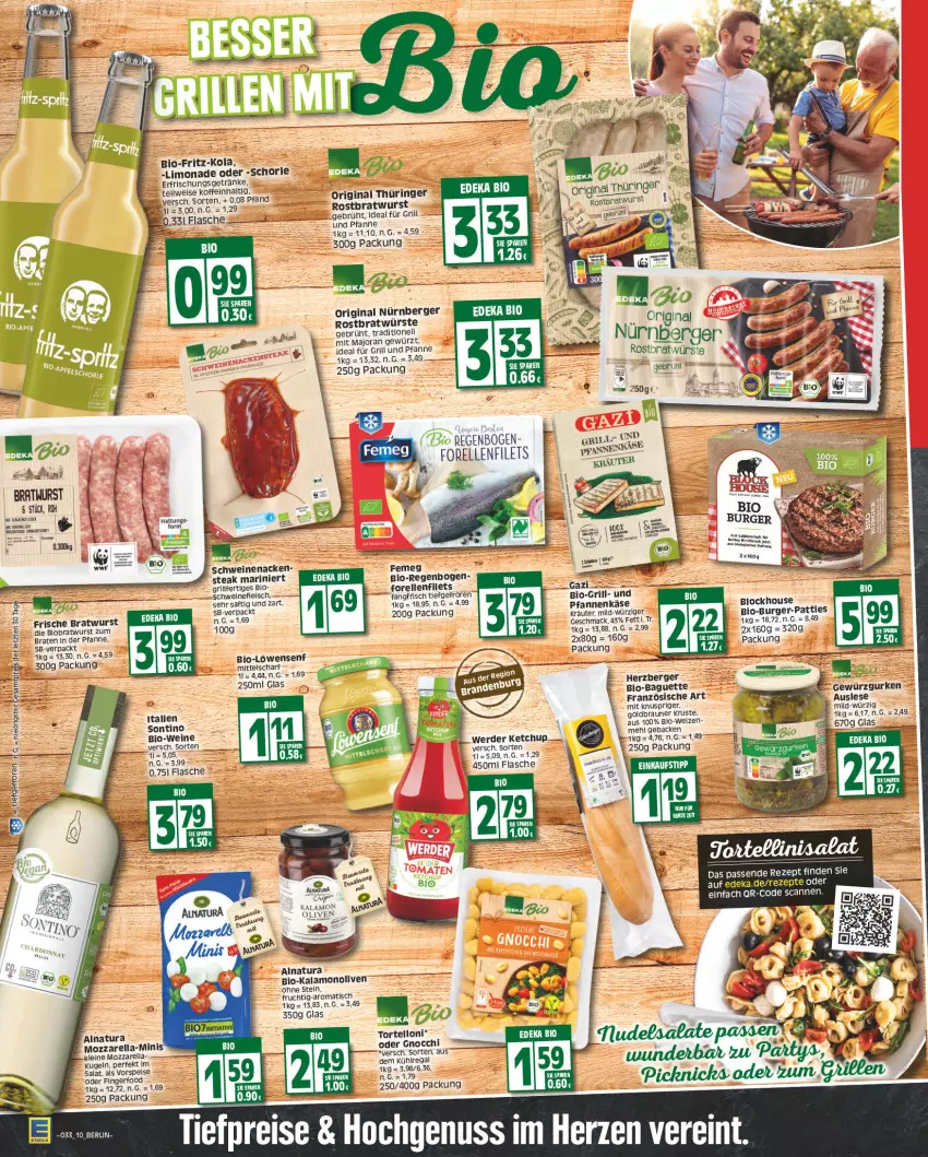 Aktueller Prospekt Edeka - Angebote der Woche - von 14.08 bis 19.08.2023 - strona 10 - produkty: beere, Berger, bio, Bio-Wein, braten, bratwurst, braun, deka, edeka bio, eis, elle, erde, erfrischungsgetränk, erfrischungsgetränke, filet, filets, flasche, fleisch, forelle, fritz, fritz-kola, frucht, für grill und pfanne, geback, getränk, getränke, gewürz, Gewürzgurke, gewürzgurken, gin, gnocchi, grill, grill und pfanne, gurke, gurken, ideal für grill, ideal für grill und pfanne, Käse, ketchup, Kugel, kühlregal, leine, limo, limonade, löwensenf, mac, mozzarella, natur, natura, nürnberger, olive, oliven, original thüringer, pfanne, regal, reis, rel, rezept, rezepte, rind, ring, rostbratwurst, saft, salat, schorle, schwein, schweine, schweinefleisch, senf, steak, Ti, tiefpreis, tisch, torte, tortelloni, und pfanne, vorspeise, wein, weine, wurst, ZTE