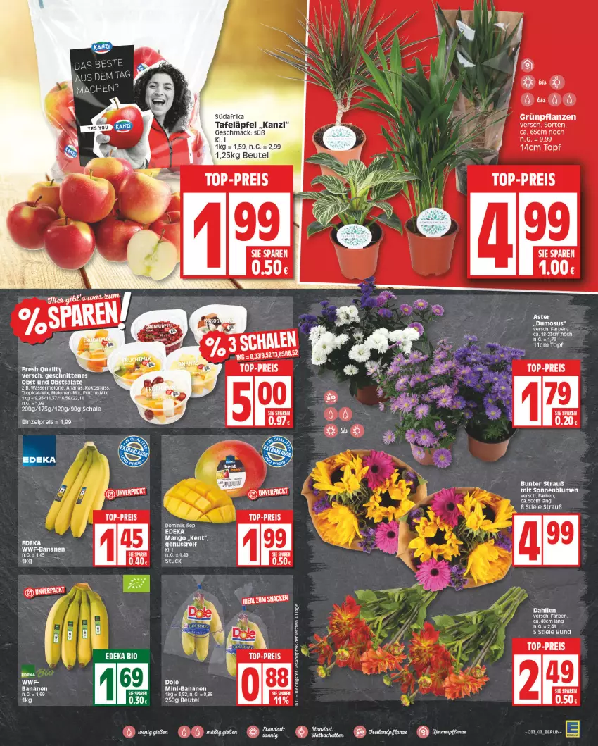 Aktueller Prospekt Edeka - Angebote der Woche - von 14.08 bis 19.08.2023 - strona 3 - produkty: ananas, banane, bananen, beutel, blume, blumen, dahlie, deka, eis, frucht, kokos, kokosnuss, mac, mango, melone, melonen, nuss, obst, reis, rel, salat, salate, Schal, Schale, sonnenblume, sonnenblumen, tafeläpfel, top-preis, topf, uhr, wasser, wassermelone, ZTE