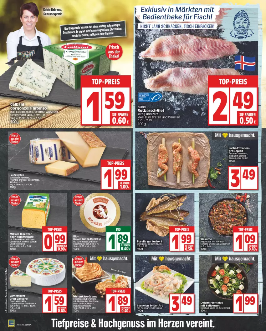 Aktueller Prospekt Edeka - Angebote der Woche - von 14.08 bis 19.08.2023 - strona 6 - produkty: bio, braten, camembert, dressing, eis, fisch, frischkäse, frucht, gin, gorgonzola, grill, hartkäse, hirtenkäse, ideal zum braten, Käse, knoblauch, LG, licor, mac, milram, nuss, reis, rel, Rotbarsch, saft, salat, salz, schnittkäse, sesam, tee, Ti, tiefpreis, top-preis, Wakame, ZTE