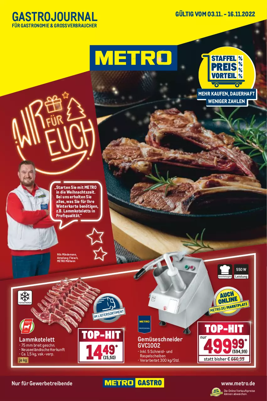 Aktueller Prospekt Metro - GastroJournal - von 03.11 bis 16.11.2022 - strona 1 - produkty: Abtei, auer, Brei, eis, fleisch, kotelett, lamm, lammkotelett, Metro, Rauch, reis, Ti, top-hit