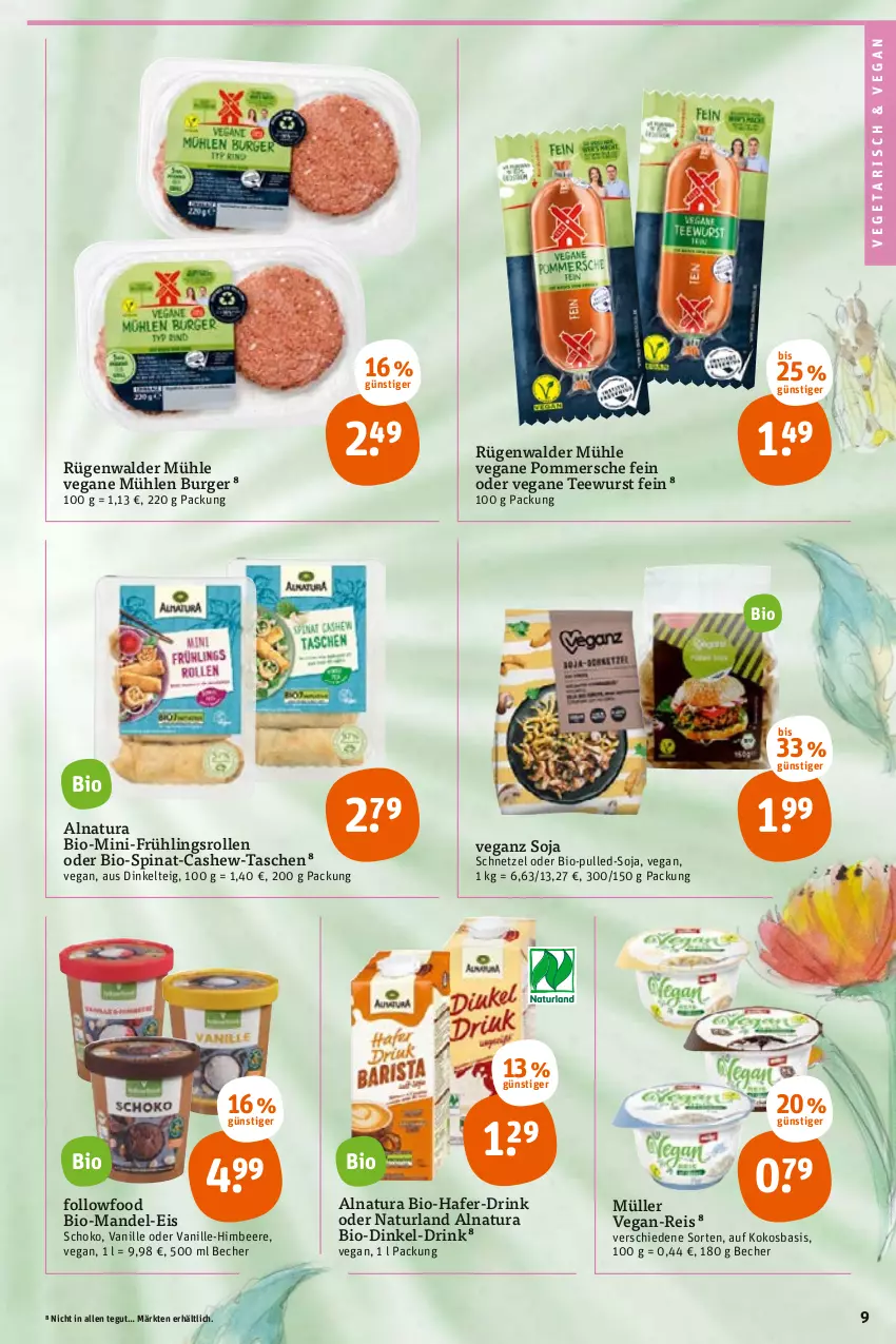 Aktueller Prospekt Tegut - Angebote der Woche - von 31.01 bis 05.02.2022 - strona 11 - produkty: Becher, beere, bio, burger, Cashew, drink, eis, hafer, himbeer, himbeere, kokos, mandel, Müller, natur, natura, naturland, Pommersche, reis, rügenwalder, rügenwalder mühle, schoko, soja, spinat, Tasche, taschen, tee, teewurst, Ti, vanille, Vegeta, wurst