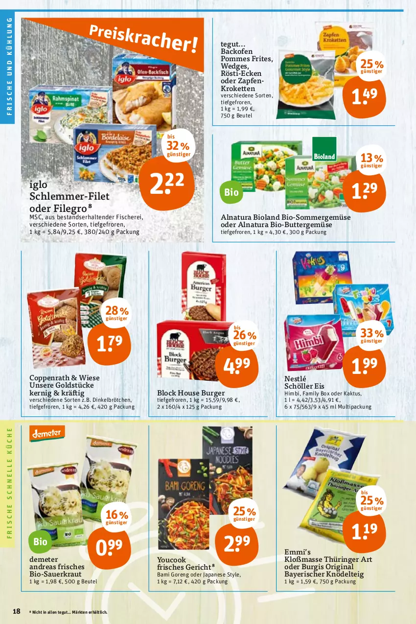 Aktueller Prospekt Tegut - Angebote der Woche - von 31.01 bis 05.02.2022 - strona 20 - produkty: auer, backofen, beutel, bio, Bio-Butter, bioland, brötchen, burger, butter, coppenrath, dinkelbrötchen, eis, elle, emmi, filegro, filet, fisch, fische, Fischer, gin, Goldstücke, iglo, Kette, Knödel, Knödelteig, Kraut, Kroketten, küche, natur, natura, nestlé, nestlé schöller, Ofen, pommes, Pommes Frites, ring, Sauerkraut, Schere, schlemmer-filet, Schöller, tender, Ti, wedges, Yo, YouCook