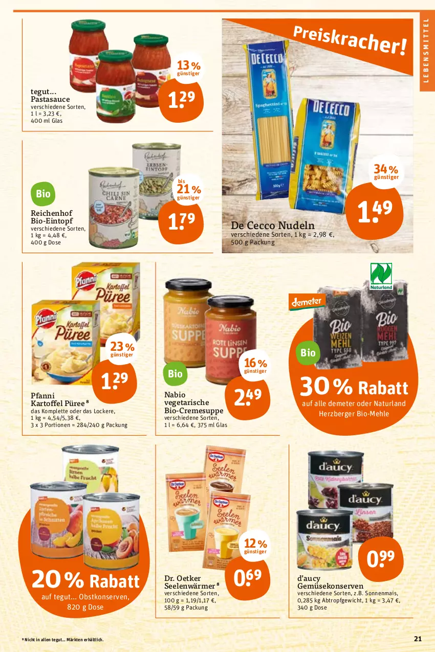 Aktueller Prospekt Tegut - Angebote der Woche - von 31.01 bis 05.02.2022 - strona 23 - produkty: Berger, bio, creme, cremesuppe, De Cecco, Dr. Oetker, ecco, eintopf, Gemüsekonserve, herzberger, kartoffel, Konserven, lebensmittel, mais, mehl, natur, naturland, nudel, nudeln, obst, pasta, pfanni, püree, sauce, suppe, Ti, topf, Vegeta