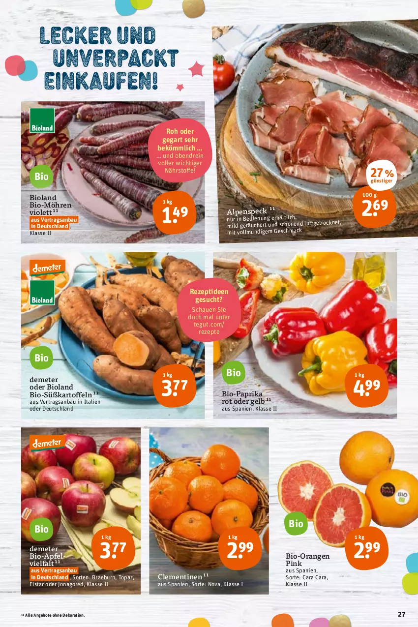 Aktueller Prospekt Tegut - Angebote der Woche - von 31.01 bis 05.02.2022 - strona 29 - produkty: angebot, angebote, apfel, Bau, bio, Bio-Paprika, bioland, clementinen, dekoration, Elvie, jonagored, kartoffel, kartoffeln, mac, möhren, orange, orangen, paprika, paprika rot, rezept, rezepte, Speck, Süßkartoffeln, Ti