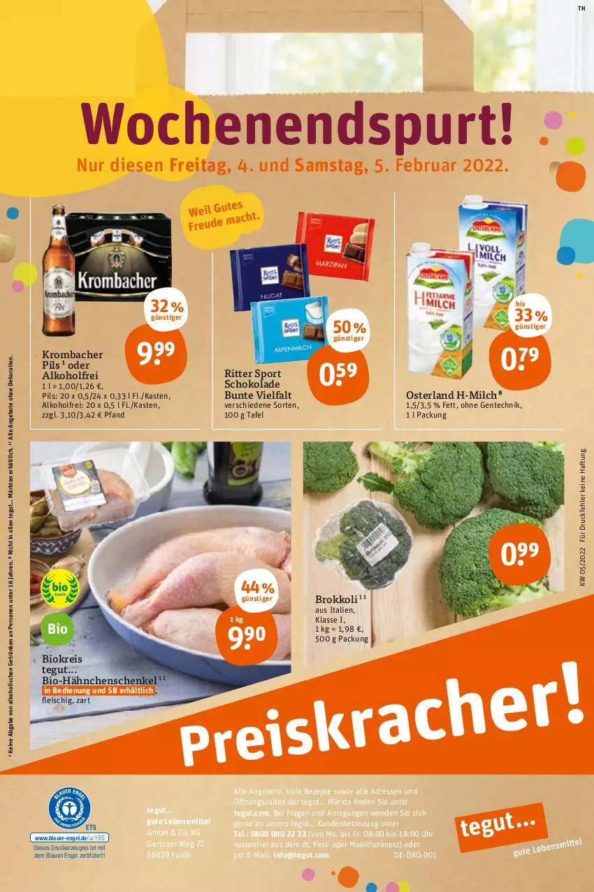 Aktueller Prospekt Tegut - Angebote der Woche - von 31.01 bis 05.02.2022 - strona 34 - produkty: alkohol, angebot, angebote, auer, bio, brokkoli, dekoration, drucker, eis, Engel, ente, fleisch, Fulda, getränk, getränke, hähnchenschenkel, henkel, kerze, krombache, krombacher, krombacher pils, lebensmittel, milch, pils, reis, rezept, rezepte, ritter, ritter sport, schenkel, schoko, schokolade, Sport, Ti, uhr