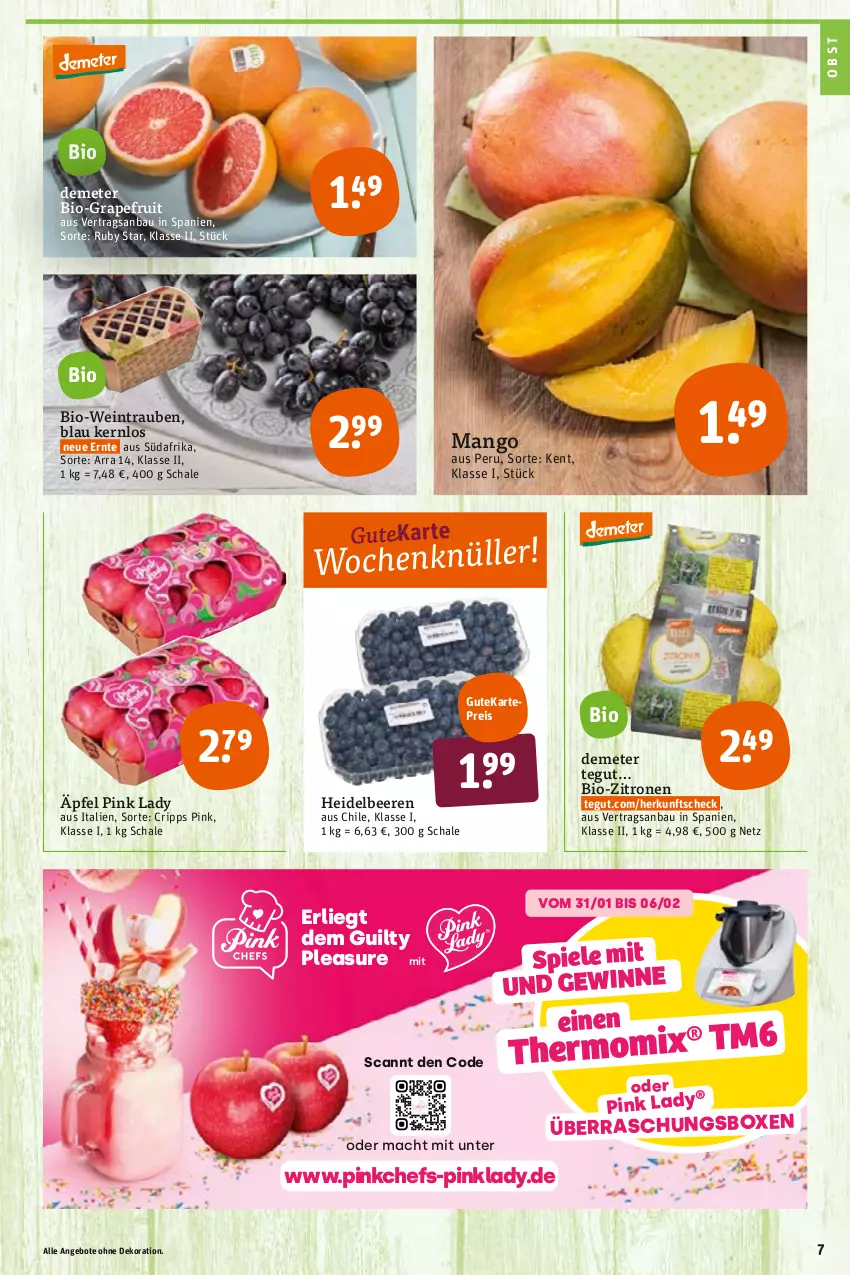 Aktueller Prospekt Tegut - Angebote der Woche - von 31.01 bis 05.02.2022 - strona 9 - produkty: angebot, angebote, Bau, beere, beeren, bio, Bio-Wein, bio-zitronen, dekoration, eis, grapefruit, heidelbeere, heidelbeeren, mac, mango, obst, Pink Lady, reis, Schal, Schale, Spiele, Thermomix, Ti, trauben, wein, zitrone, zitronen