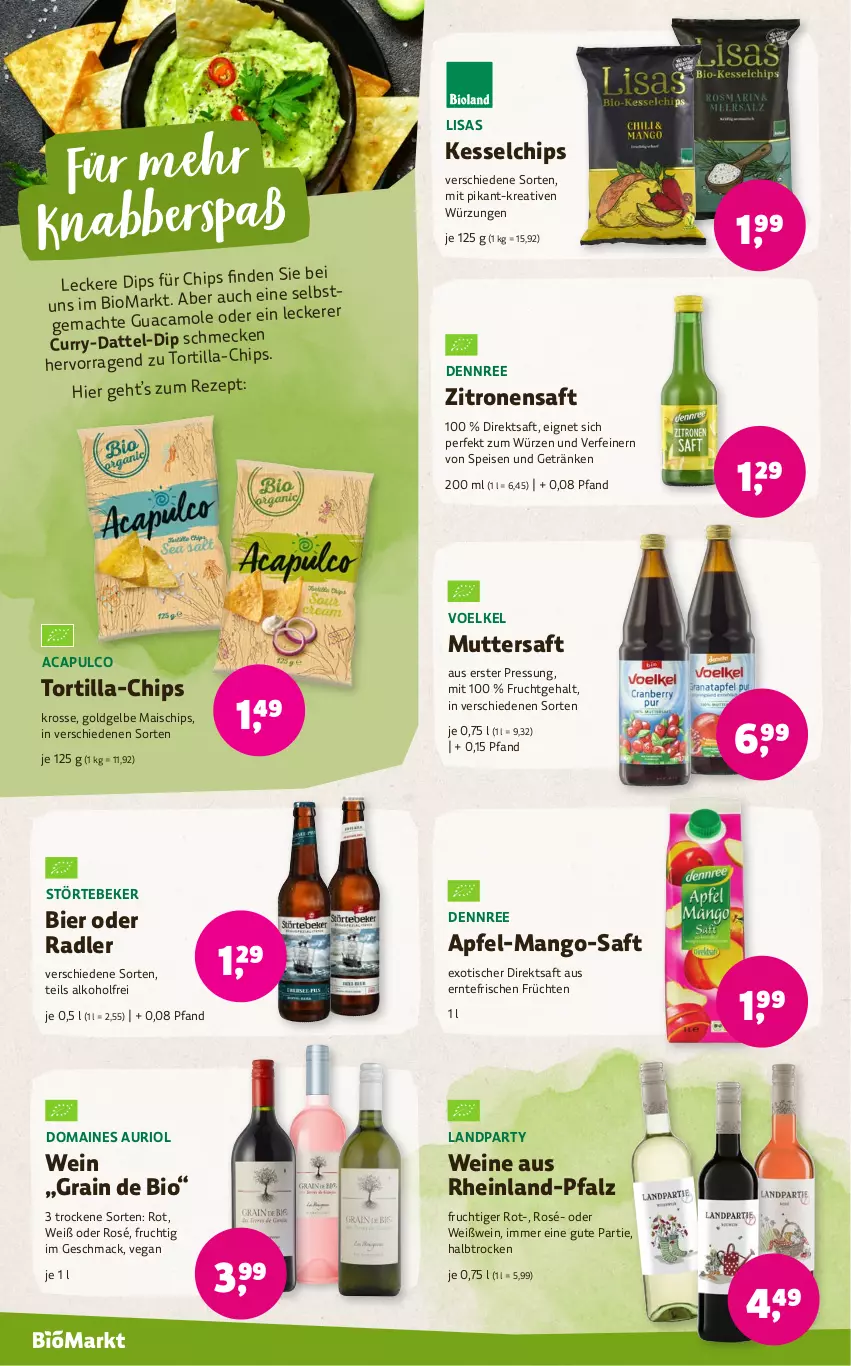 Aktueller Prospekt Denns Biomarkt - von 14.02 bis 27.02.2024 - strona 10 - produkty: alkohol, apfel, bier, bio, Cap, chips, curry, dennree, dip, direktsaft, eis, frucht, früchte, früchten, getränk, getränke, guacamole, mac, mais, mango, oder radler, radler, rezept, saft, störtebeker, Ti, tisch, tortilla, wein, weine, Weißwein, zitrone, zitronen, zitronensaft