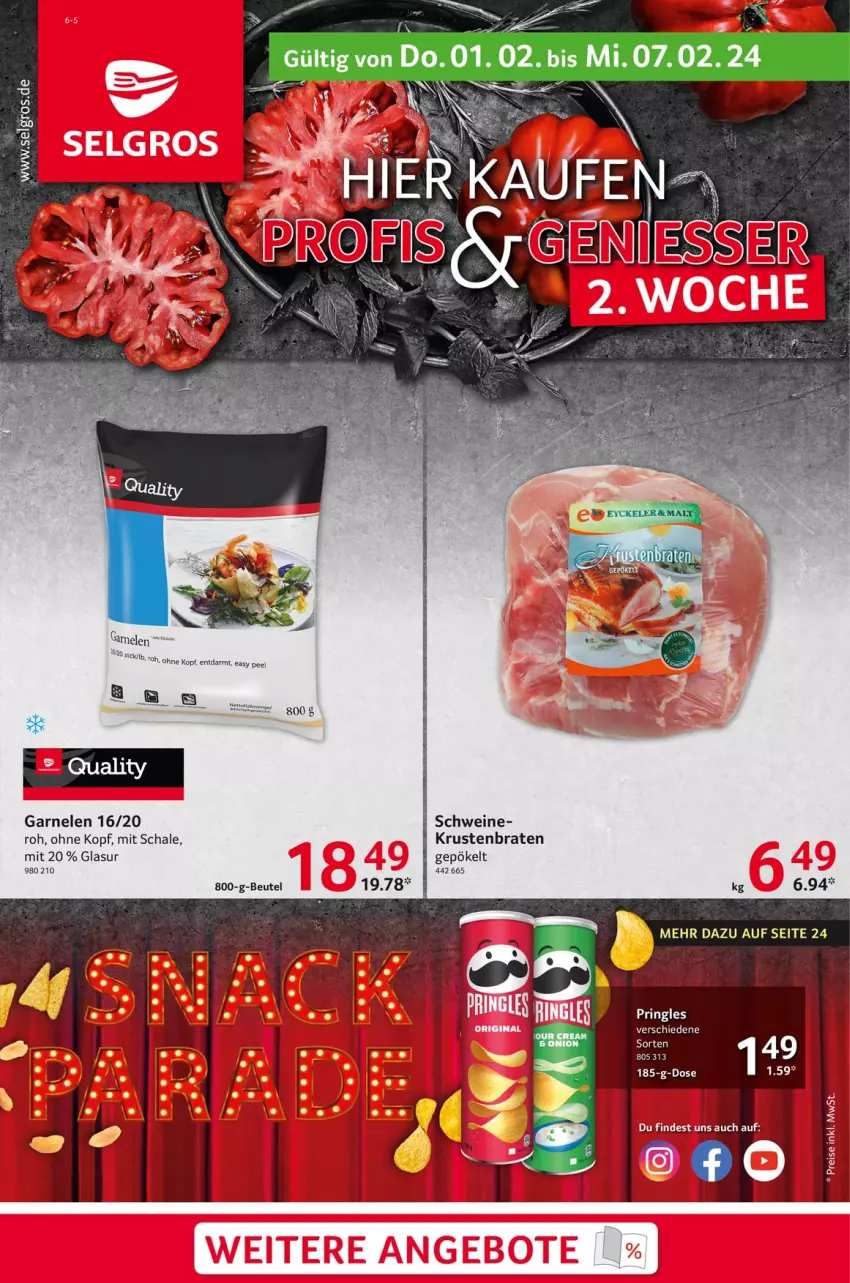 Aktueller Prospekt Selgros - Food - von 01.02 bis 07.02.2024 - strona 1 - produkty: angebot, angebote, beutel, braten, garnelen, krustenbraten, LG, pringles, ring, Schal, Schale, schwein, schweine, wein, weine