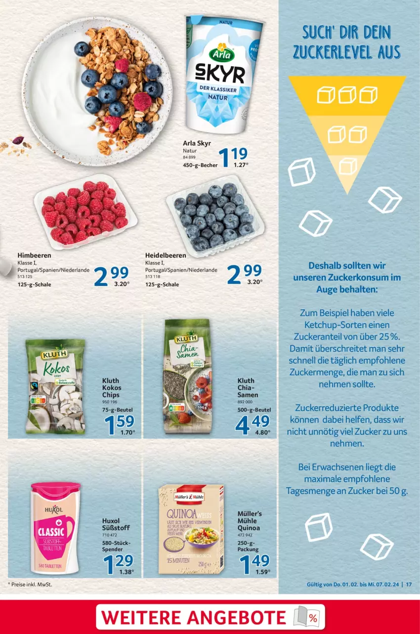 Aktueller Prospekt Selgros - Food - von 01.02 bis 07.02.2024 - strona 17 - produkty: angebot, angebote, arla, arla skyr, Becher, beere, beeren, chips, eis, heidelbeere, heidelbeeren, himbeer, himbeere, himbeeren, ketchup, Müller, natur, quinoa, reis, rwe, Schal, Schale, Skyr, Ti, zucker