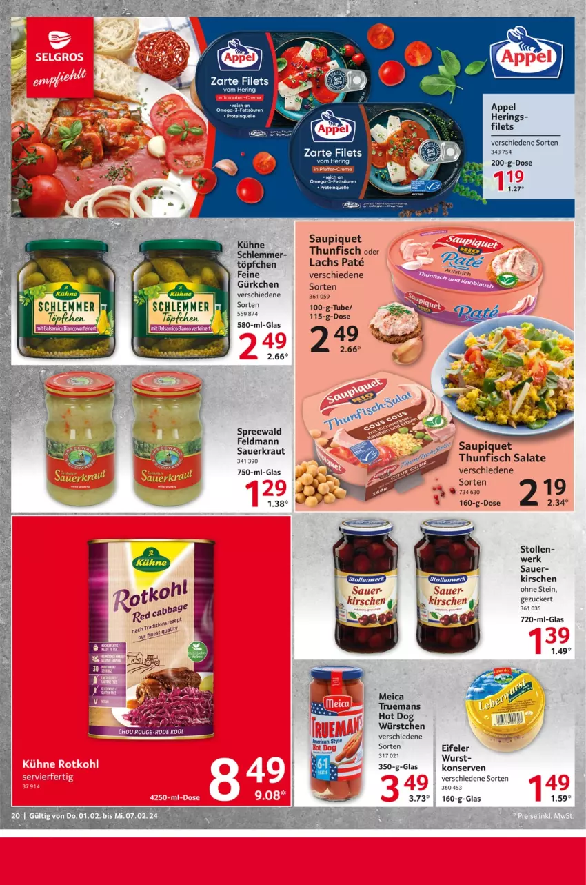 Aktueller Prospekt Selgros - Food - von 01.02 bis 07.02.2024 - strona 20 - produkty: auer, elle, filet, filets, fisch, hering, Herings, hot dog, kirsch, kirsche, kirschen, Konserven, Kraut, Kühne, lachs, meica, omega, Omega-3, ring, salat, salate, Sauerkraut, saupiquet, Stollen, thunfisch, thunfisch salat, Töpfchen, wurst, würstchen, zucker