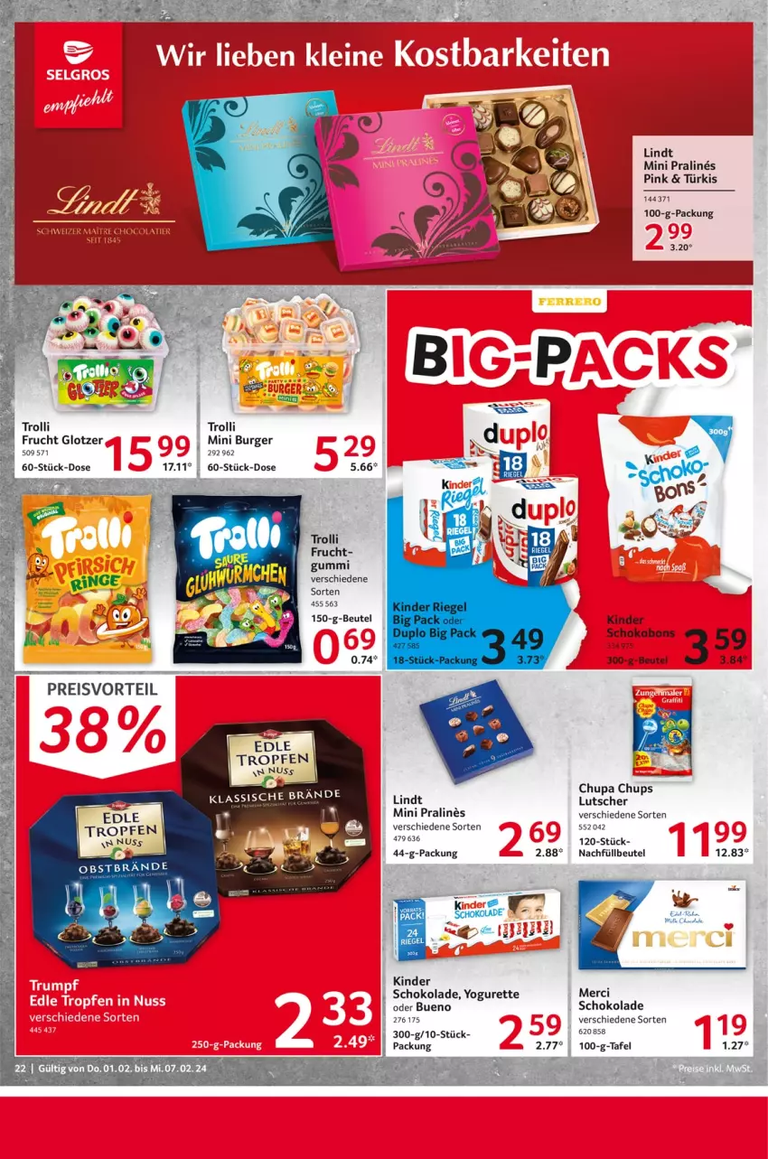 Aktueller Prospekt Selgros - Food - von 01.02 bis 07.02.2024 - strona 22 - produkty: beutel, bier, burger, chupa, chupa chups, cola, eis, frucht, Heu, Kinder, kinder schokolade, lindt, Lutscher, merci, preisvorteil, reis, schoko, schokolade, Ti, trolli, Yo, yogurette