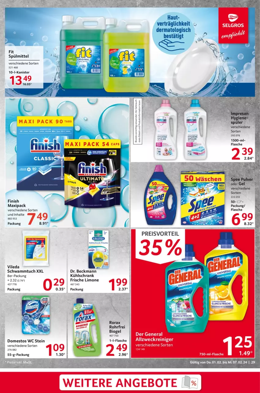 Aktueller Prospekt Selgros - Food - von 01.02 bis 07.02.2024 - strona 29 - produkty: allzweckreiniger, angebot, angebote, bio, Cars, domestos, Dr. Beckmann, eis, Finish, flasche, kühlschrank, limo, preisvorteil, reiniger, reis, rorax, Schrank, schwamm, Schwammtuch, spülmittel, tender, Ti, tuc, vileda, weck