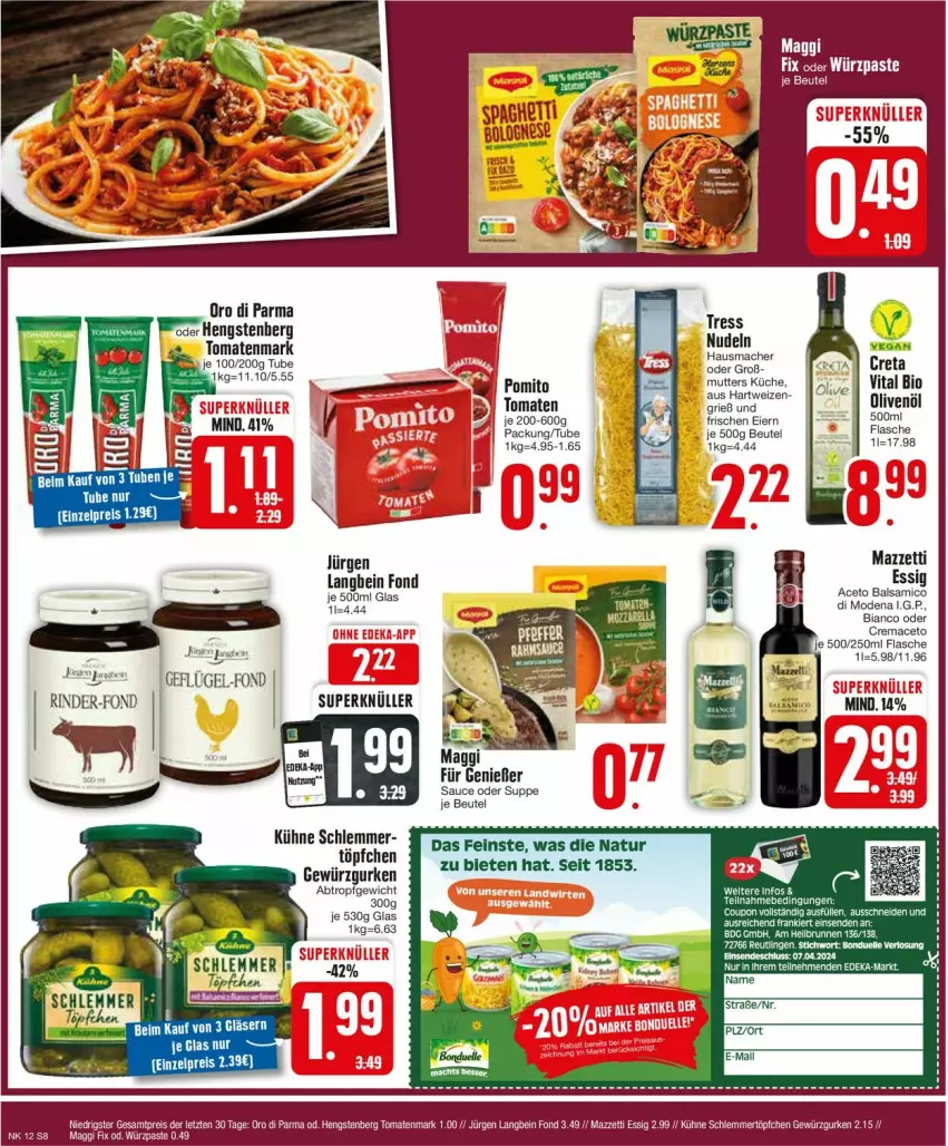 Aktueller Prospekt Edeka - Prospekte - von 18.03 bis 23.03.2024 - strona 10 - produkty: aceto, aceto balsamico, balsam, balsamico, beutel, eier, eis, essig, flasche, gewürz, Gewürzgurke, gewürzgurken, gurke, gurken, hengstenberg, Kühne, Mode, natur, nudel, nudeln, olive, oliven, olivenöl, oro di parma, pomito, reis, rind, rinder, sauce, schlemmertöpfchen, suppe, Ti, tomate, tomaten, tomatenmark, Töpfchen, ZTE