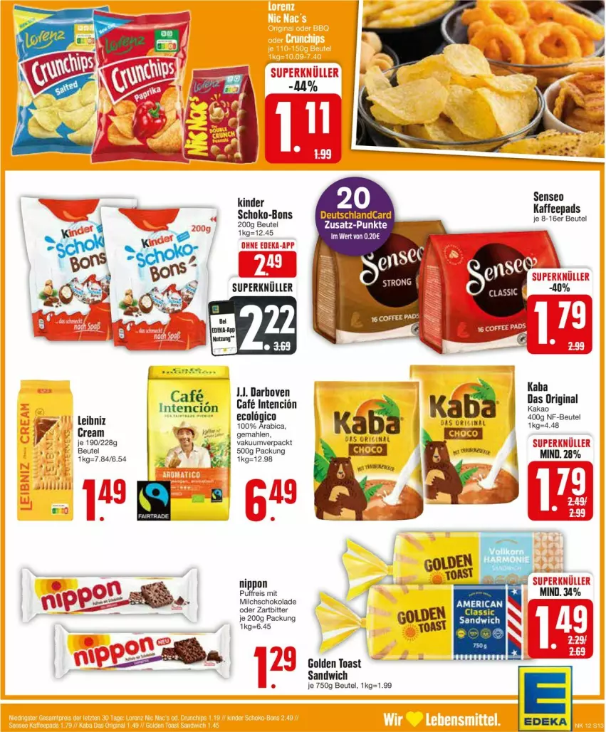 Aktueller Prospekt Edeka - Prospekte - von 18.03 bis 23.03.2024 - strona 15 - produkty: beutel, cin, deka, deutschlandcard, gin, golden toast, kaffee, kaffeepads, kakao, Kinder, leibniz, milch, nippon, sandwich, schoko, schoko-bons, schokolade, senseo, toast