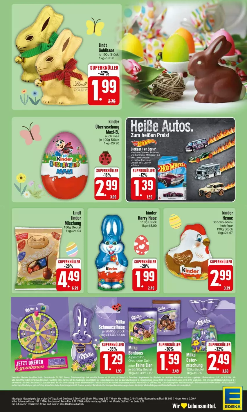 Aktueller Prospekt Edeka - Prospekte - von 18.03 bis 23.03.2024 - strona 2 - produkty: auto, beutel, bonbons, eier, eis, Hot Wheels, Kinder, lebensmittel, lindor, lindt, milka, reis, schoko, schokolade, schokoladen, Ti, ZTE