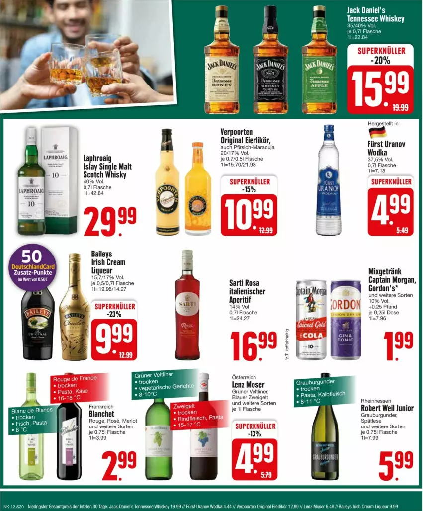 Aktueller Prospekt Edeka - Prospekte - von 18.03 bis 23.03.2024 - strona 22 - produkty: auer, baileys, blauer zweigelt, burgunder, Cap, captain morgan, deutschlandcard, eier, eierlikör, flasche, getränk, gin, gordon, gordon's, grauburgunder, grüner veltliner, irish cream, laphroaig, Lenz Moser, likör, liqueur, maracuja, merl, merlot, Mixgetränk, moser, pasta, pfirsich, rouge, scotch, scotch whisky, single malt, Ti, verpoorten, whisky, wodka, Zweigelt