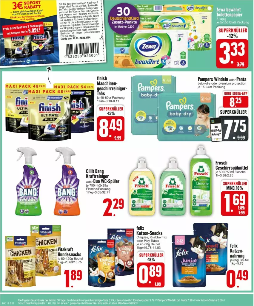 Aktueller Prospekt Edeka - Prospekte - von 18.03 bis 23.03.2024 - strona 24 - produkty: baby-dry, beutel, coupon, deka, eis, erde, felix, Finish, flasche, Frosch, geschirr, geschirrspülmittel, kraft, mac, pampers, Pants, reiniger, reis, Smacks, snack, snacks, spülmittel, Ti, windeln