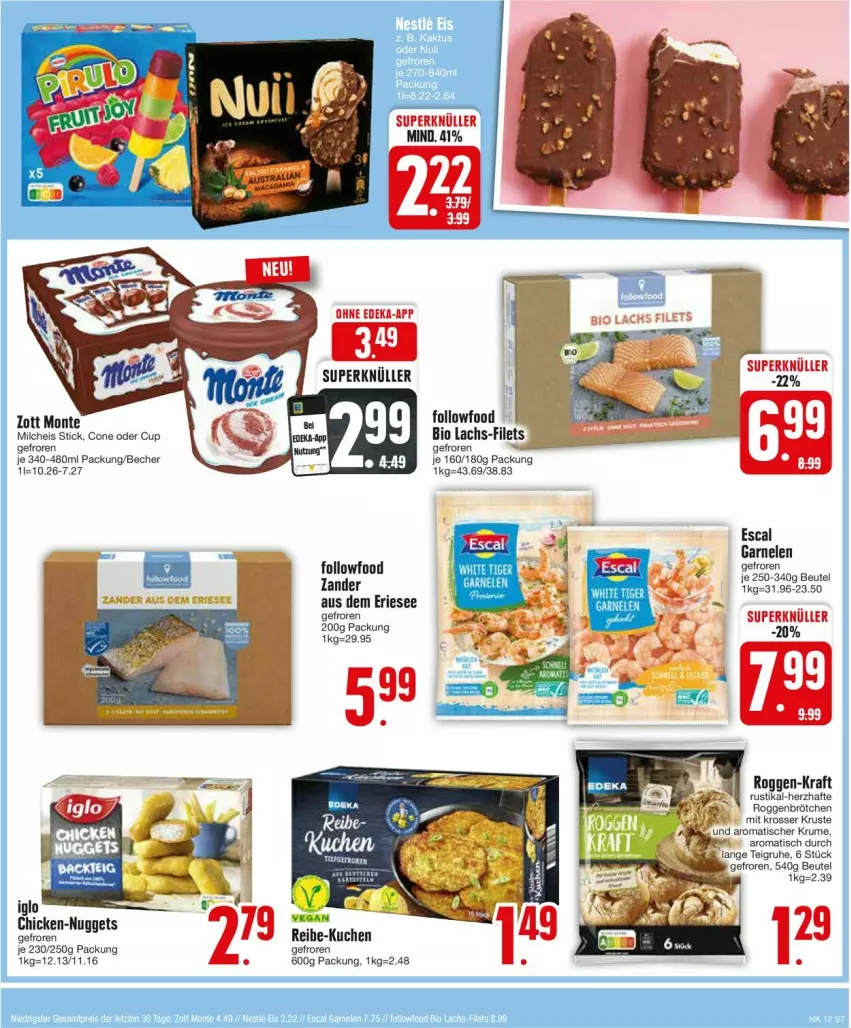 Aktueller Prospekt Edeka - Prospekte - von 18.03 bis 23.03.2024 - strona 9 - produkty: Becher, beutel, bio, brötchen, eis, escal, filet, filets, garnelen, kraft, kuchen, lachs, milch, monte, nuggets, roggenbrötchen, Ti, Zander, zott, Zott Monte