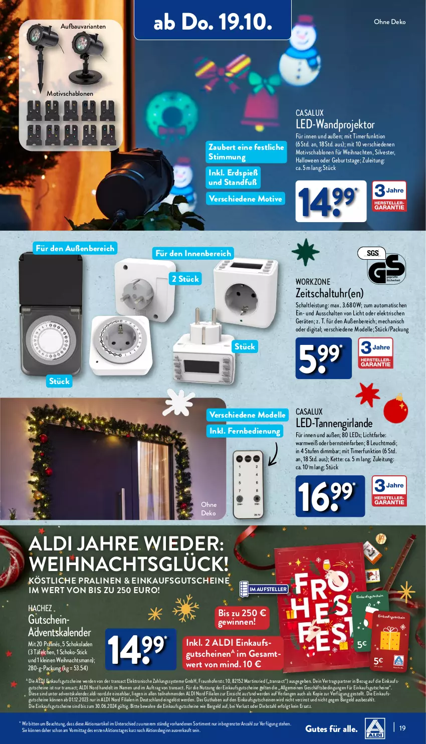 Aktueller Prospekt Aldi Nord - Von Montag - von 16.10 bis 21.10.2023 - strona 19 - produkty: Adventskalender, aldi, auto, Bau, dell, eis, Elektro, elle, erde, fernbedienung, gin, Girlande, gutschein, gutscheine, Kette, leds, leine, LG, Liege, Mode, pralinen, Projektor, Ria, sac, Schal, schoko, schokolade, schokoladen, teller, Ti, timer, tisch, uhr, usb, weihnachten, ZTE