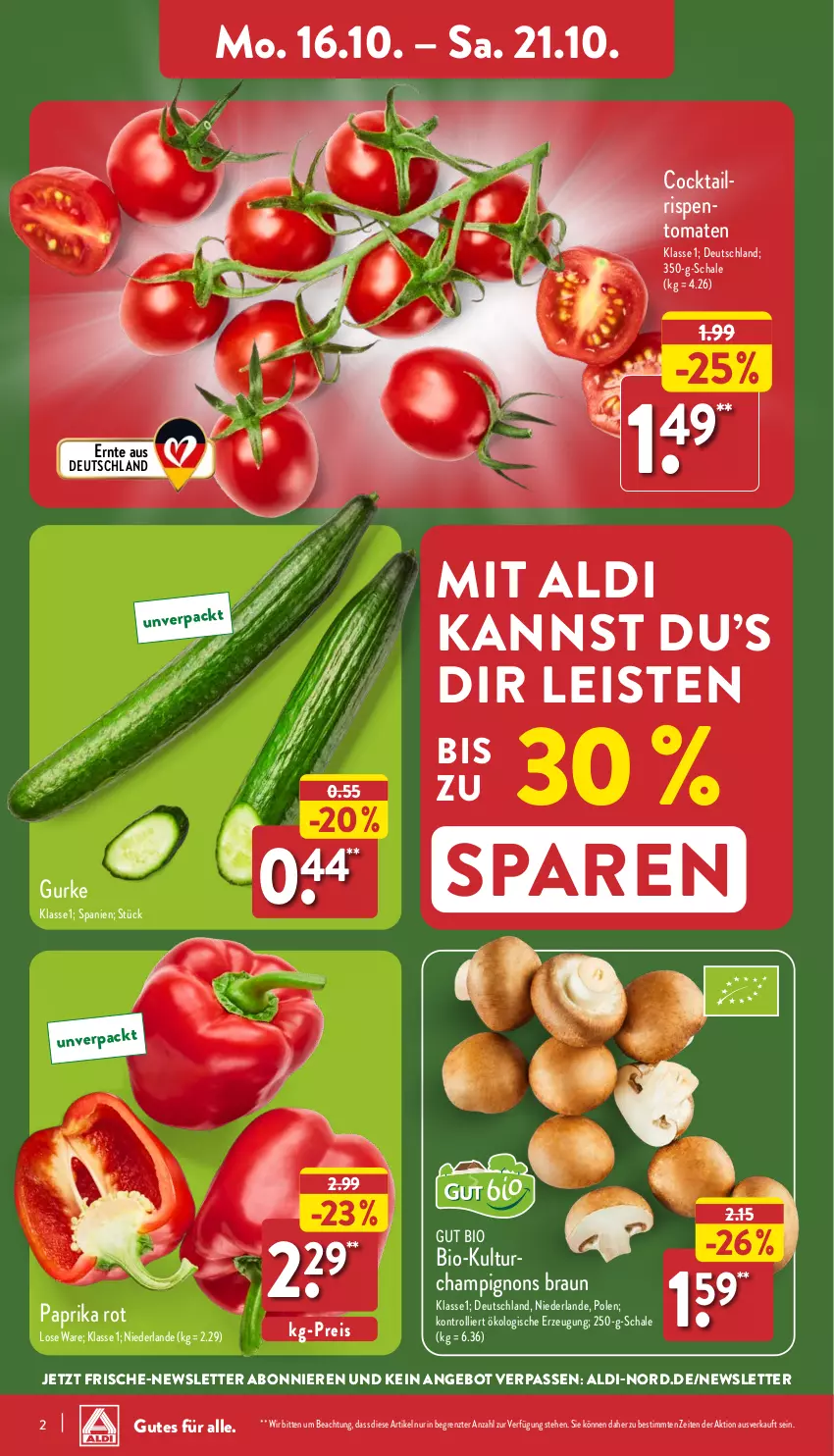 Aktueller Prospekt Aldi Nord - Von Montag - von 16.10 bis 21.10.2023 - strona 2 - produkty: aldi, angebot, bio, braun, champignon, champignons, champignons braun, cocktail, eis, gurke, paprika, paprika rot, reis, Schal, Schale, Ti, tomate, tomaten, trolli, ZTE