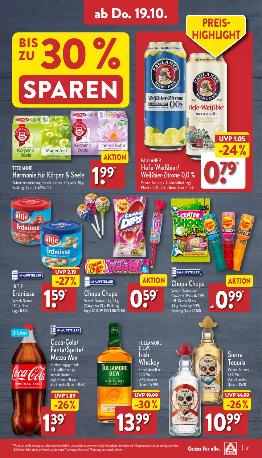 Aktueller Prospekt Aldi Nord - Von Montag - von 16.10 bis 21.10.2023 - strona 31 - produkty: alkohol, bier, chupa, chupa chups, coca-cola, cola, eis, elle, ente, erdnüsse, erfrischungsgetränk, fanta, flasche, getränk, gin, Hefe, irish whiskey, kräuter, Mezzo Mix, Paula, paulaner, reis, Sierra, sierra tequila, sprite, tee, teekanne, teller, tequila, Ti, tullamore, ültje, ültje erdnüsse, whiskey, zitrone, ZTE