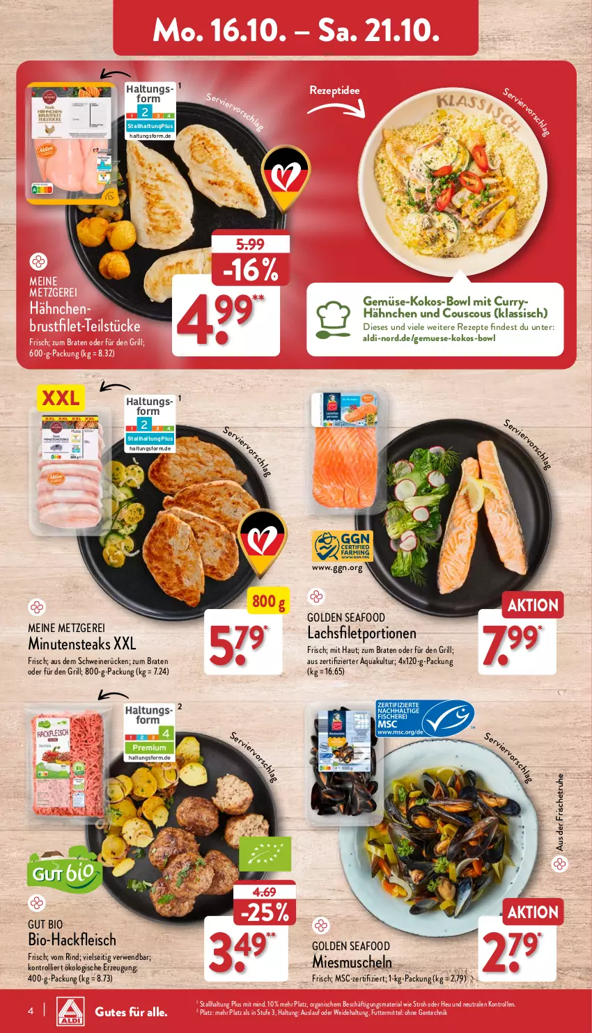 Aktueller Prospekt Aldi Nord - Von Montag - von 16.10 bis 21.10.2023 - strona 4 - produkty: aldi, aqua, bio, Bio-Hackfleisch, braten, brustfilet, couscous, curry, eis, filet, fleisch, grill, hackfleisch, Heu, kokos, minutensteaks, Muscheln, rezept, rezepte, Ria, rind, rwe, schwein, schweine, schweinerücken, steak, steaks, Ti, trolli, wein, weine