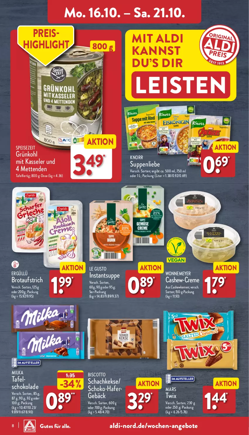 Aktueller Prospekt Aldi Nord - Von Montag - von 16.10 bis 21.10.2023 - strona 8 - produkty: aldi, angebot, angebote, aufstrich, biscotto, brot, brotaufstrich, Cashew, cashewkerne, creme, eis, elle, hafer, kasseler, keks, kekse, knorr, mars, Mett, metten, Mettenden, milka, reis, schoko, schokolade, suppe, suppen, suppenliebe, teller, Ti, twix