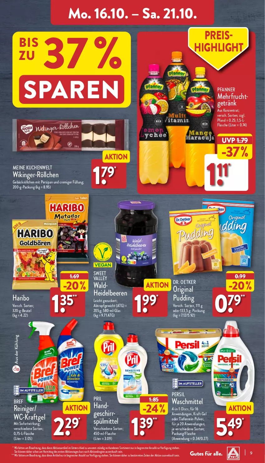 Aktueller Prospekt Aldi Nord - Von Montag - von 16.10 bis 21.10.2023 - strona 9 - produkty: beere, beeren, beutel, Bref, Dr. Oetker, eis, elle, flasche, frucht, geschirr, getränk, gin, haribo, heidelbeere, heidelbeeren, kraft, kuchen, persil, persil waschmittel, pfanne, Pfanner, pril, pudding, reiniger, reis, spülmittel, teller, Ti, Waldheidelbeeren, waschmittel, ZTE, zucker