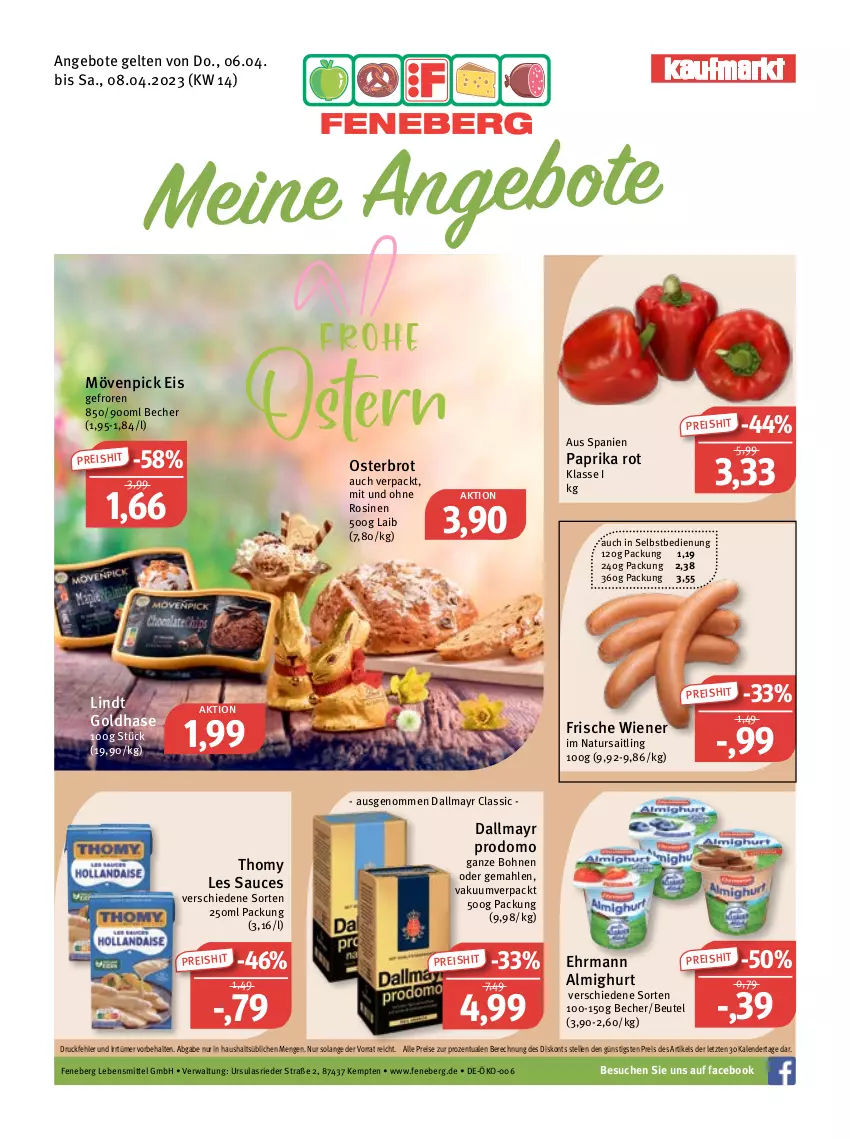 Aktueller Prospekt Feneberg - Prospekte - von 06.04 bis 08.04.2023 - strona 1 - produkty: almighur, almighurt, angebot, angebote, Becher, beutel, bohne, bohnen, brot, dallmayr, dallmayr prodomo, ehrmann, ehrmann almighurt, eis, elle, lebensmittel, lindt, mövenpick, mövenpick eis, natur, paprika, paprika rot, prodomo, reis, sauce, thomy, thomy les sauces, Ti, wiener, ZTE