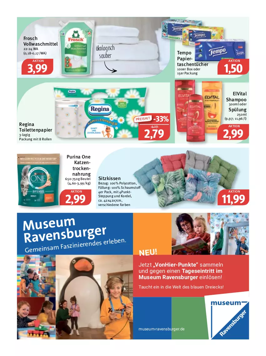 Aktueller Prospekt Feneberg - Prospekte - von 06.04 bis 08.04.2023 - strona 11 - produkty: beutel, burger, eis, elvital, Frosch, gin, kissen, papier, purina, ravensburger, reis, shampoo, sitzkissen, spülung, Tasche, taschen, taschentücher, Tempo, Ti, toilettenpapier, Trockennahrung, tücher, vita, vollwaschmittel, waschmittel