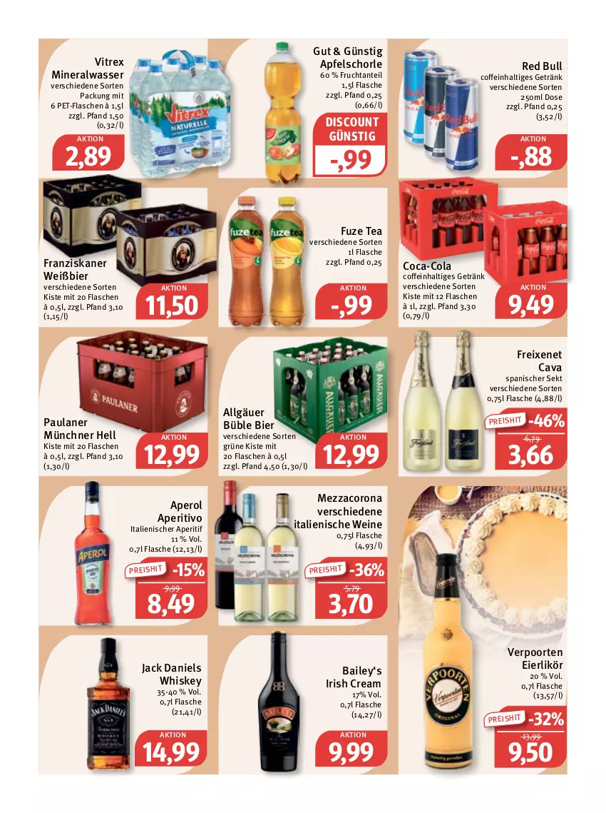 Aktueller Prospekt Feneberg - Prospekte - von 06.04 bis 08.04.2023 - strona 12 - produkty: Alwa, aperitif, aperol, apfel, Apfelschorle, bier, Cava, coca-cola, coffein, cola, corona, discount, eier, eierlikör, eis, flasche, franziskaner, freixenet, frucht, fuze tea, getränk, irish cream, jack daniel, jack daniels, LG, likör, mezzacorona, mineralwasser, Paula, paulaner, pet-flasche, pet-flaschen, red bull, reis, schorle, sekt, Ti, verpoorten, vitrex, wasser, wein, weine, whiskey