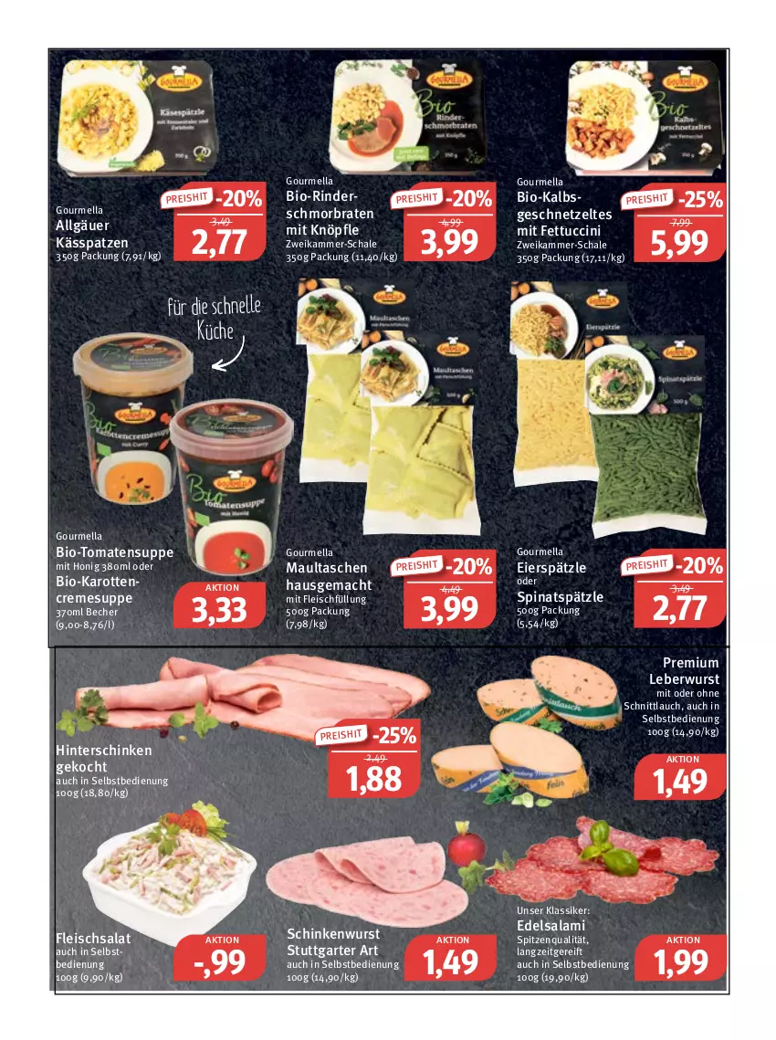 Aktueller Prospekt Feneberg - Prospekte - von 06.04 bis 08.04.2023 - strona 3 - produkty: Becher, bio, bio-karotten, braten, cin, creme, cremesuppe, Edelsalami, eier, eierspätzle, eis, elle, fleisch, fleischsalat, geschnetzeltes, hinterschinken, honig, karotten, küche, leberwurst, LG, mac, maultaschen, reis, rind, rinder, salami, salat, Schal, Schale, schinken, schinkenwurst, schmorbraten, schnittlauch, spinat, spitzenqualität, suppe, Tasche, taschen, Ti, tomate, tomaten, Tomatensuppe, tuc, wurst, Zelt